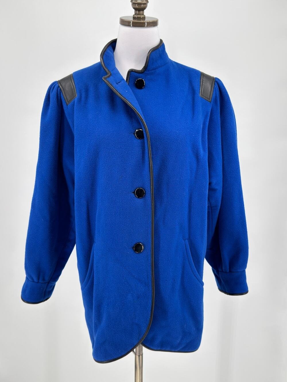 Vintage Balenciaga Cobalt Blue Fleece Wool Embroidered Back Coat Sz FR 36